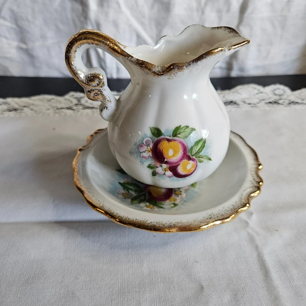 Vintage Homco Apple Blossom Pitcher Creamer w/ Saucer 1407 Japan
